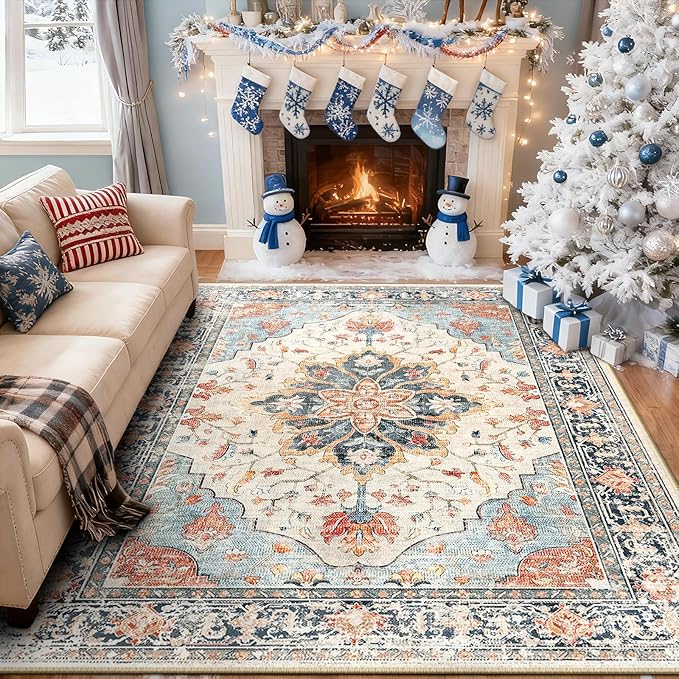 RELEANY Area Rugs 6'x8' Washable Non-Slip, Floral Vintage Distress Print by RELEANY