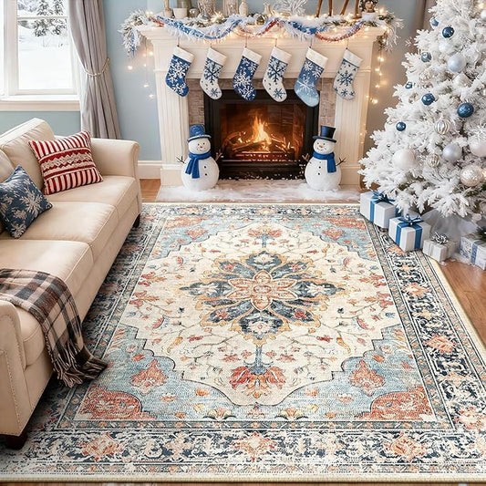 RELEANY Area Rugs 6'x8' Washable Non-Slip, Floral Vintage Distress Print by RELEANY