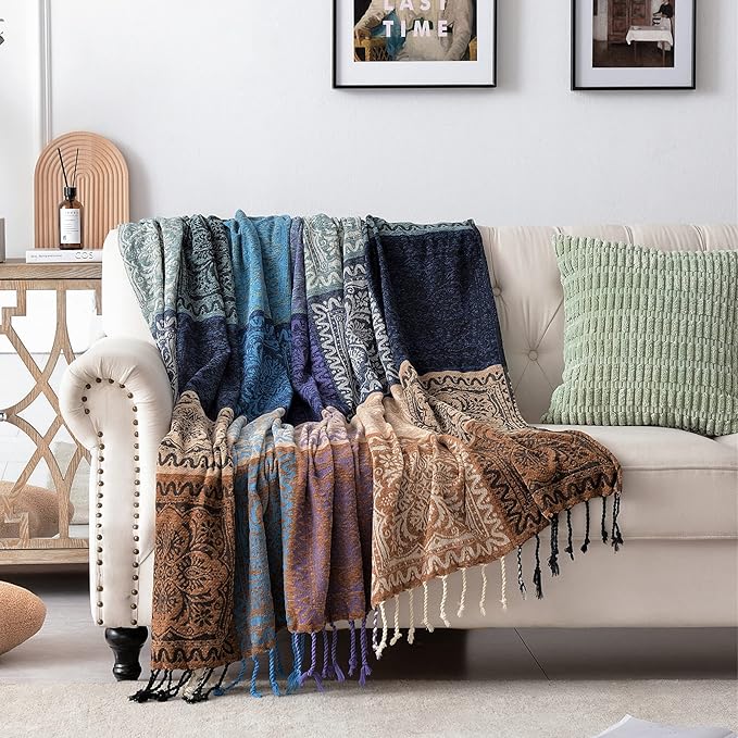 Boho Throw Blanket, Chenille Jacquard Tassels Throw Blankets - Image 2