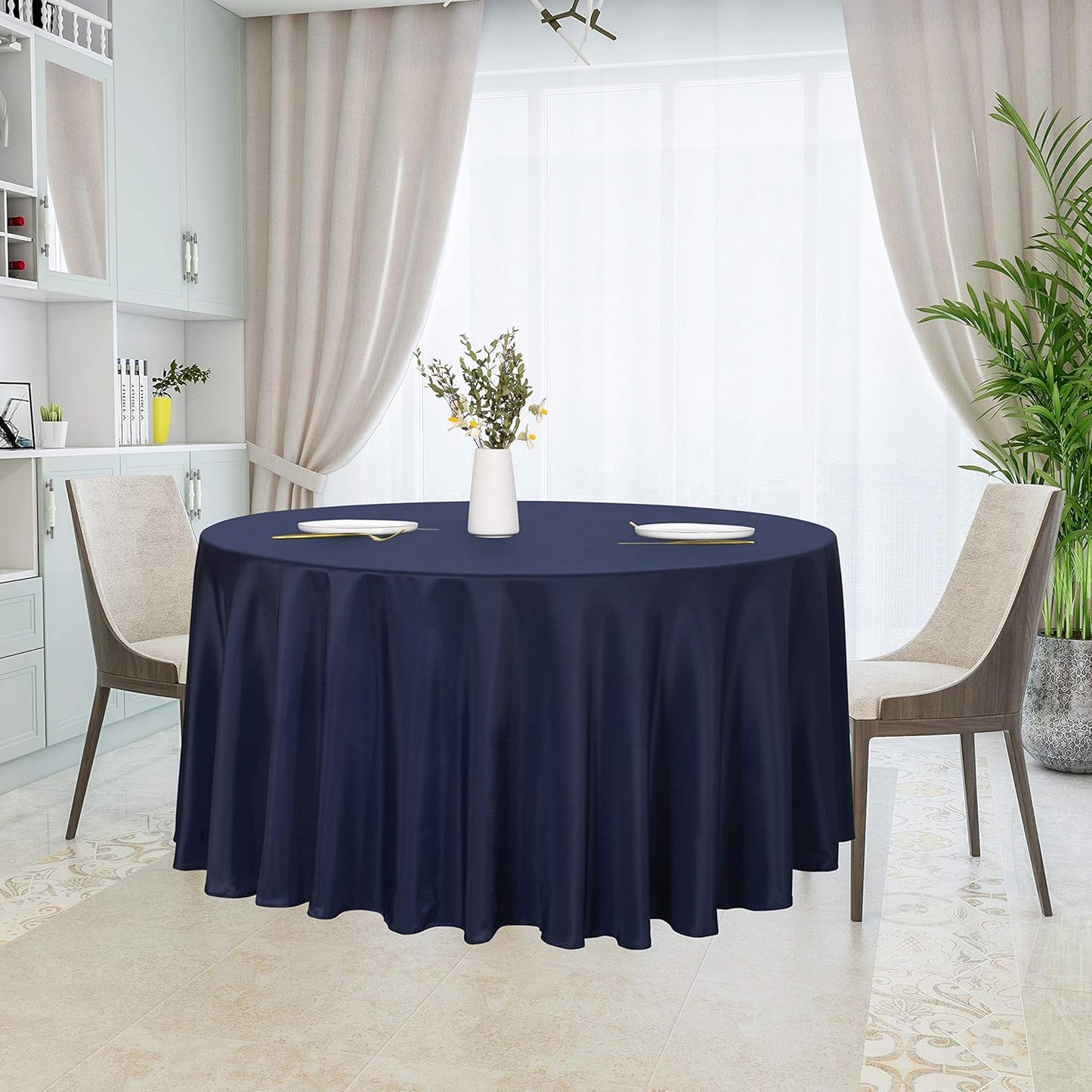 sancua Round Tablecloth - 120 Inch - Water Resistant Spill Proof Washable Polyester Table Cloth Decorative Fabric Table Cover for Dining Tables, Buffet Parties and Camping, Navy