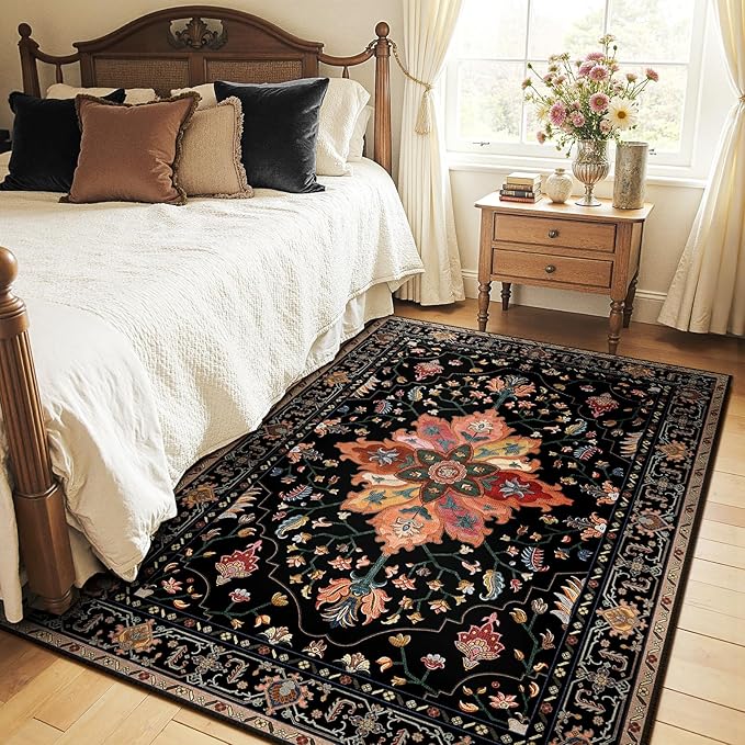 RELEANY Area Rugs 4'x5' Washable Non-Slip, Floral Vintage Distress Print by RELEANY
