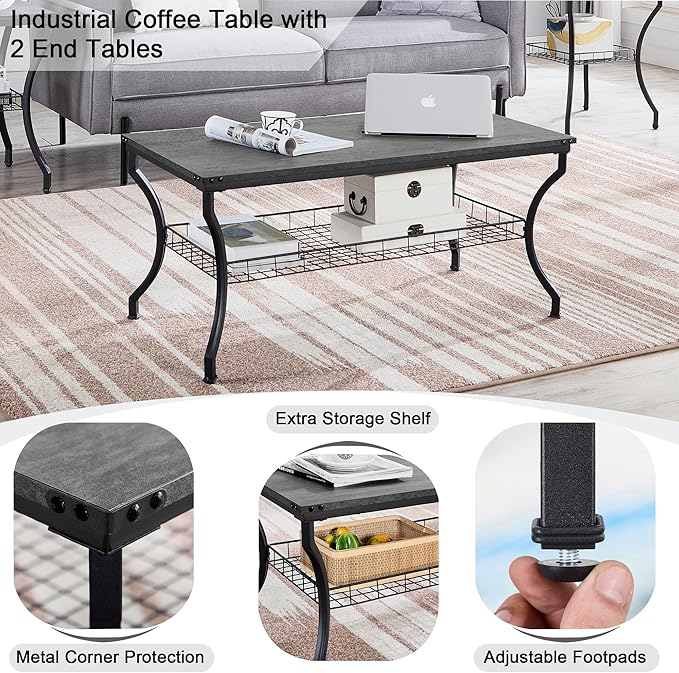VECELO 3 Pieces Living Room Table Sets, Coffee and End Tables - Image 3