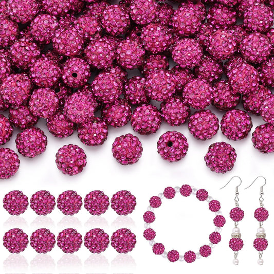 200pcs 10mm Rhinestone Beads for Jewelry Making, Fuchsia Shiny Round Disco Ball Beads Bulk, Sparkle Crystal Clay Christmas for Bracelet Baseball Necklace Earring Crafting and DIY