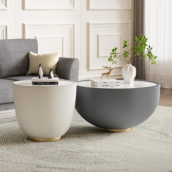 SSLine Bowl-Shape Coffee Table Set of 2 Modern Sintered Stone Top Nesting - Image 3