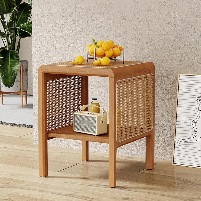 Aklaus Rattan Side Table Small End Table mid Century Living Room Wood Vintage - Image 4