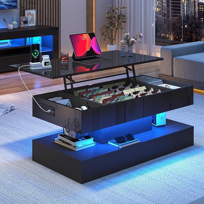 39.4" Large Lift Top Coffee Table, Modern High Glossy LED Coffee Tables - Image 3