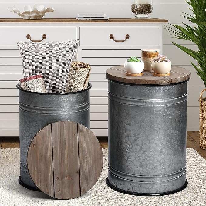 Rustic Storage Ottoman Seat Stool, Farmhouse Accent Side Table, Antique - Image 8