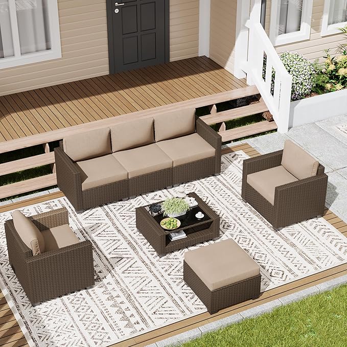 LOUVIXA 7 Piece Outdoor Patio Furniture Set, Rattan Chairs Glass Table Wicker - Image 3