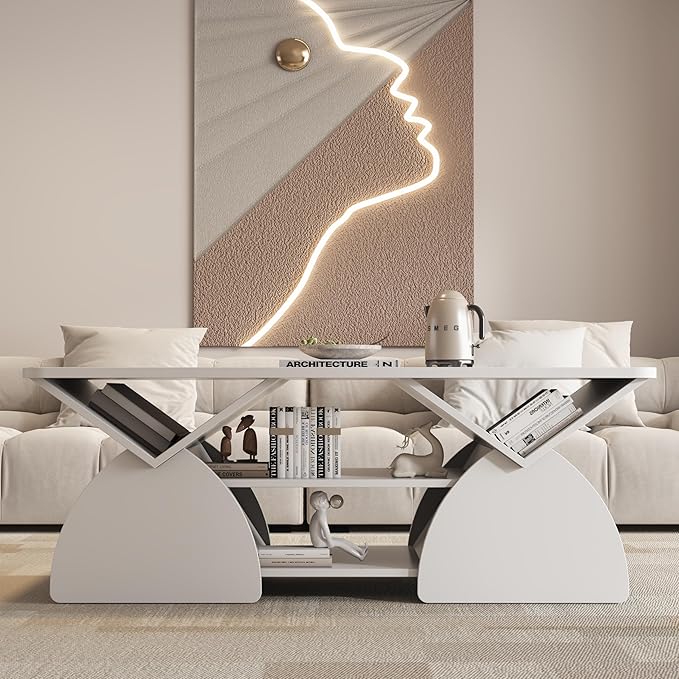 Modern White Coffee Table 47 in, Rectangular Living Room Table - Image 3