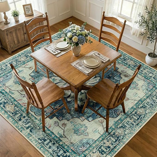 RELEANY Area Rugs Square 7ft Washable Non-Slip, Floral Vintage Distress Print by RELEANY