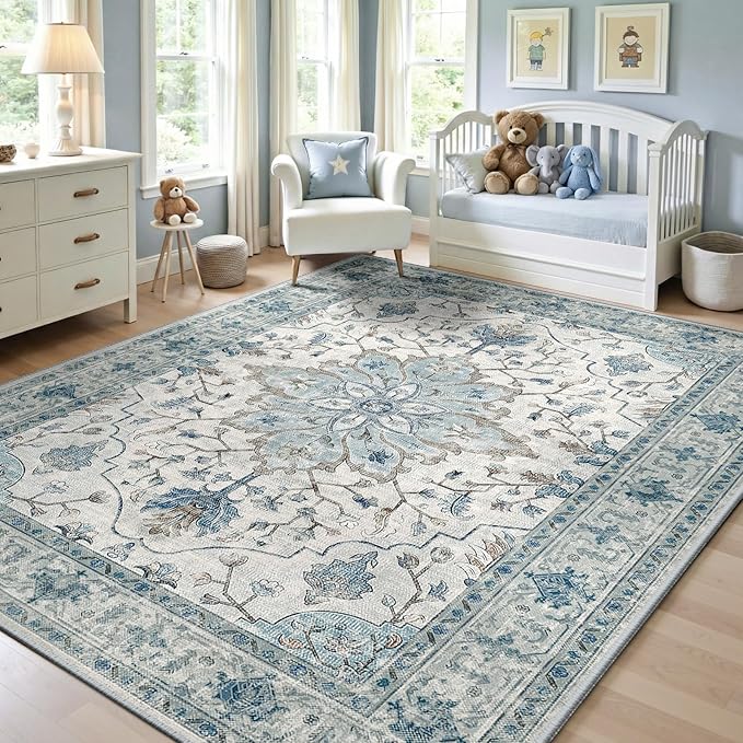 RELEANY Area Rugs 5'x7' Washable Non-Slip, Floral Vintage Distress Print by RELEANY