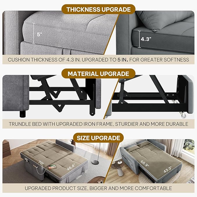 DWVO 3 in 1 Convertible Sleeper Sofa Bed, Velvet Futon Couch - Image 5
