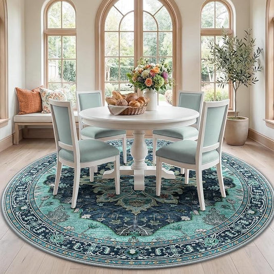 RELEANY Area Rugs Round 7ft Washable Non-Slip, Floral Vintage Distress Print by RELEANY