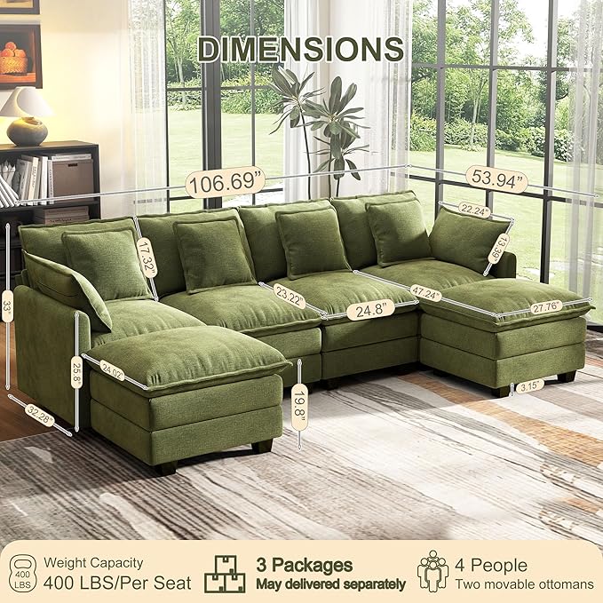 107" Cloud Couch Sectional, U Shaped Modular Sectional Sofa, 4-Seat Deep Seat - Image 3