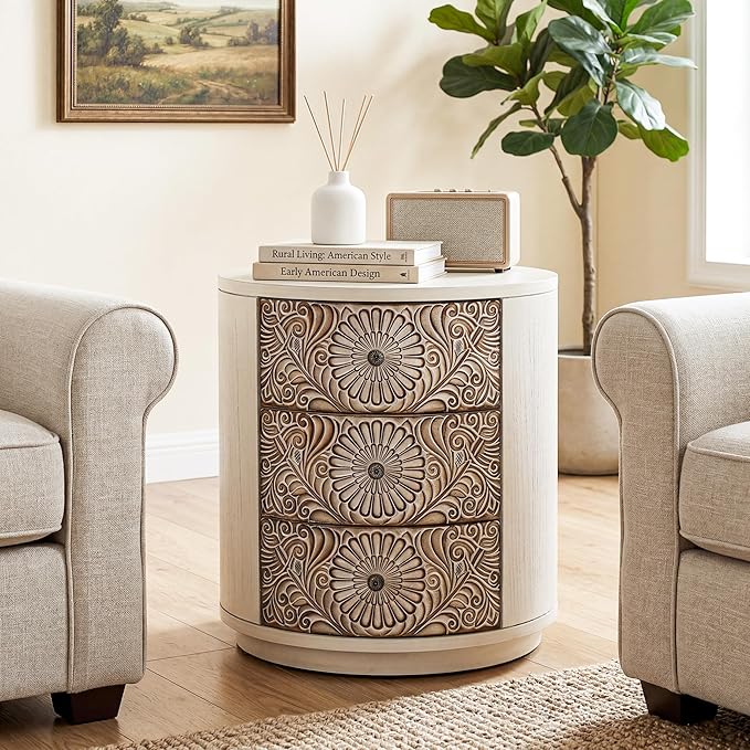 HOMPUS Round End Table with Carved Floral Pattern, Vintage Nightstand w 3 - Image 8