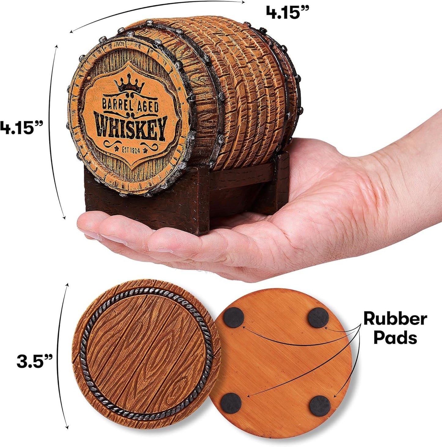 Cabin Obsession Whiskey Barrel Coaster Set – Handcrafted Whiskey Barrel Decor for Whiskey Lovers and Man Cave Gifts for Men - 6 Full Size Whiskey Coasters with Barrel Style Holder for Man Cave Décor