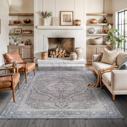 Bloom Rugs Washable Non-Slip 6' x 9' Rug - Blue/Steel Gray/Beige Traditional Medallion Area Rug for Living Room, Bedroom, Dining Room, and Kitchen - Exact Size: 6' x 9'