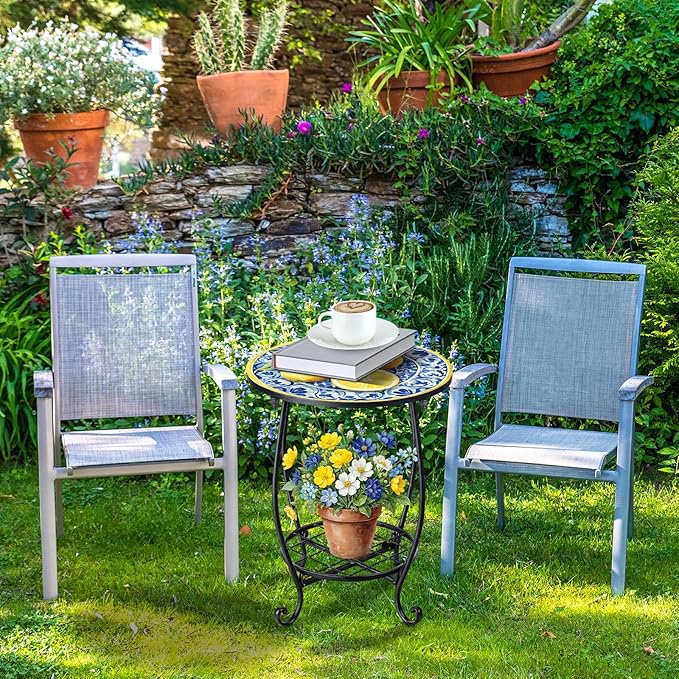 Cinnvoice Outdoor Side Table Round Small Mosaic Patio Accent Indoor End Plant - Image 7