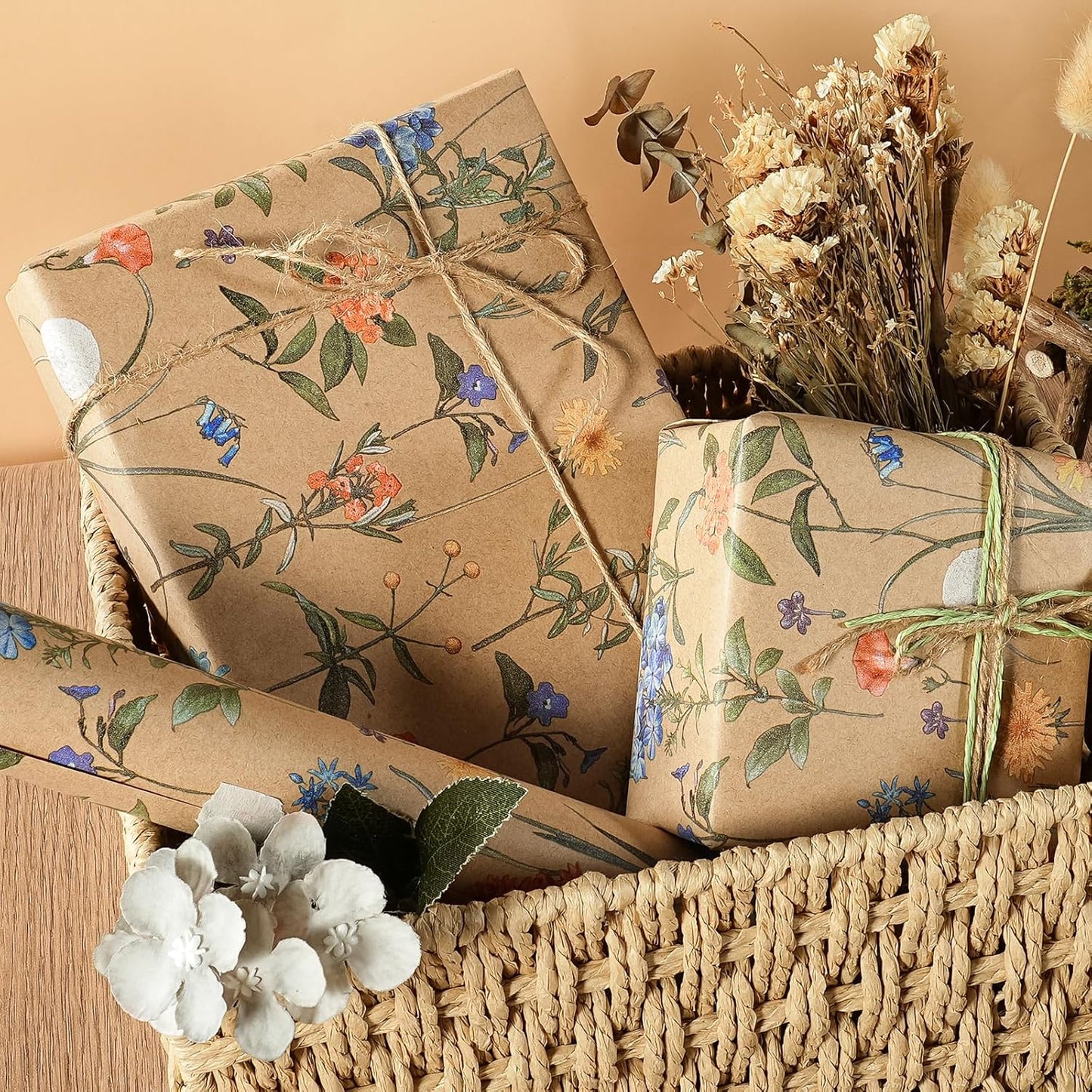 WRAPAHOLIC Kraft Floral Wrapping Paper Roll - Mini Roll - 17 Inch x 16.5 Feet - Wildflower Wrapping Paper Perfect for Girls Women Birthday, Wedding, Bridal Shower