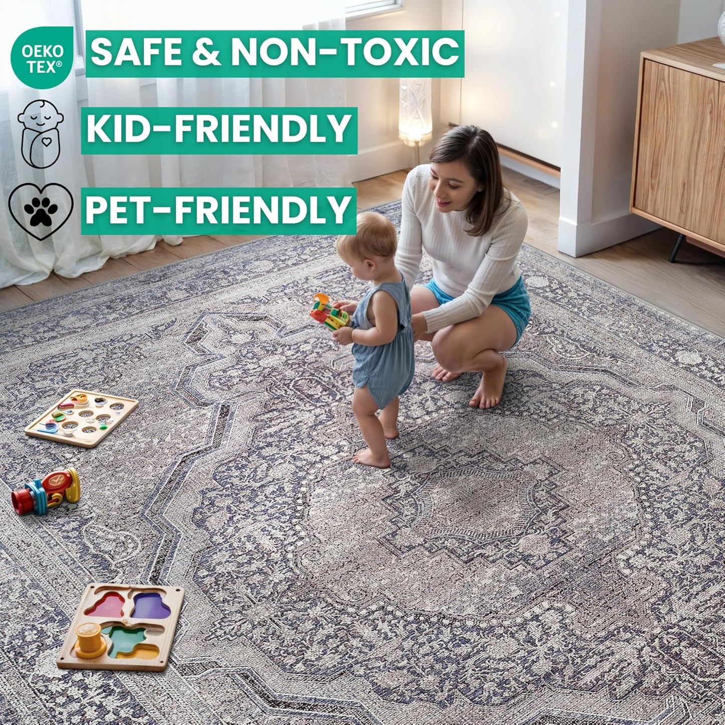 Bloom Rugs Washable Non-Slip 10 ft Runner - Blue/Steel Gray/Beige Traditional Medallion Runner for Entryway, Hallway, Bathroom, and Kitchen - Exact Size: 2.5' x 10'