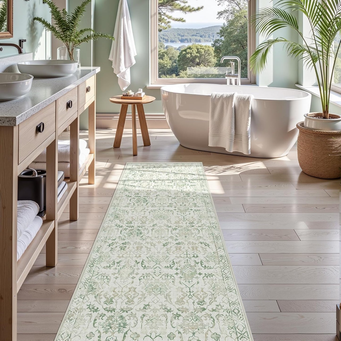 Green 3x10 Runner Rug for Hallways Bed Side Kitchen, Boho Washable Distressed Low-Pile Floor Entryway Long Bathroom Mat, Non-Slip Laundry Room Washstand Front Carpet Green 36x84 Inch