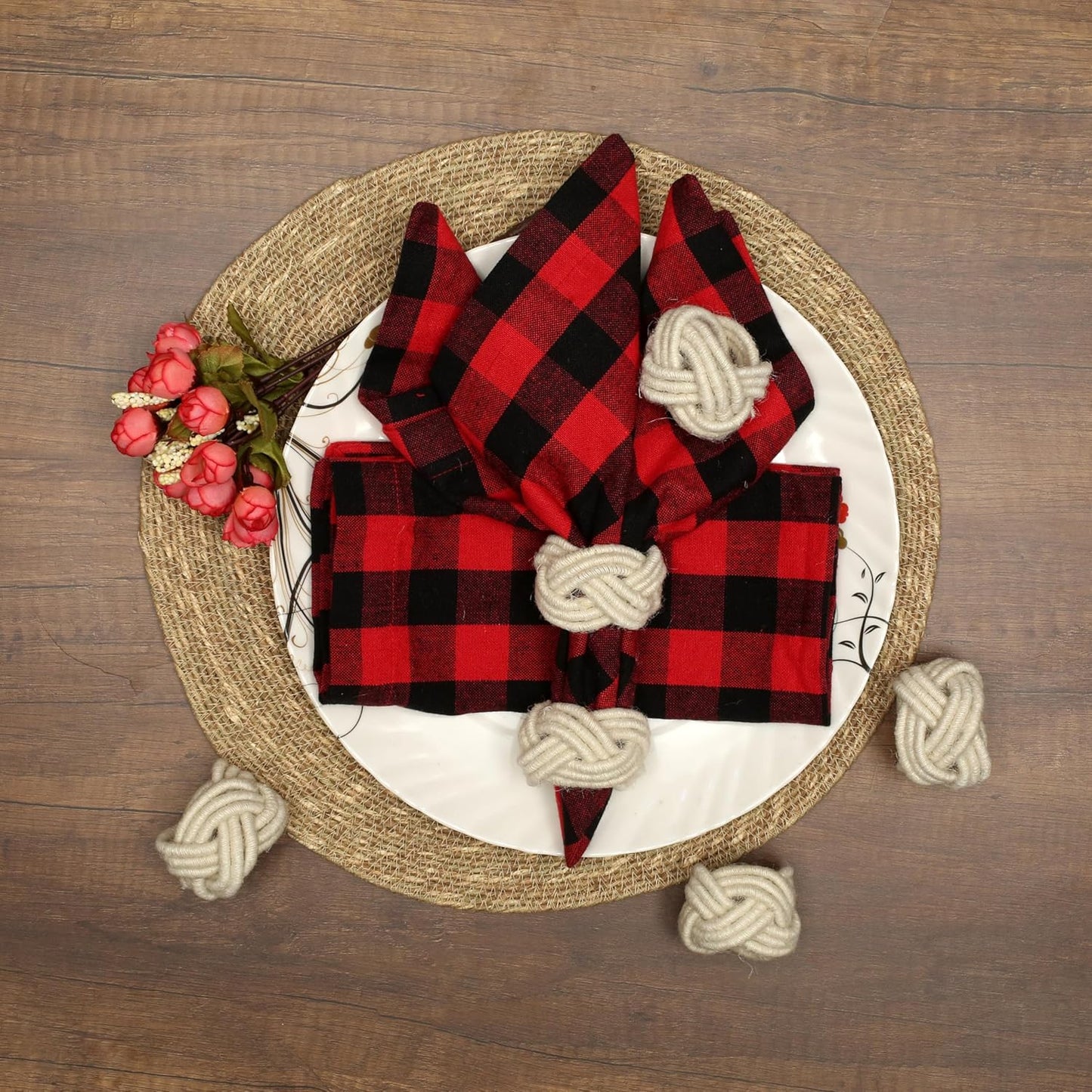 Farmhouse Napkin Ring Set of 12 - Handwoven Cotton & Jute Knot Design for Table Decor, Weddings, Dinner Parties & Everyday Dining - Decorative Adornment for Table Setting (Off White) - CLEENTABLE