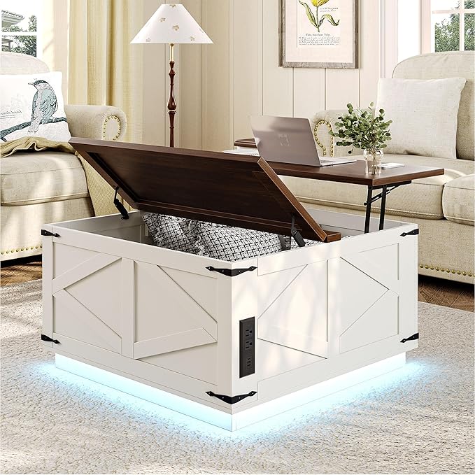 Jocoevol Farmhouse Lift Top Coffee Table, Square Wood Center Table - Image 4