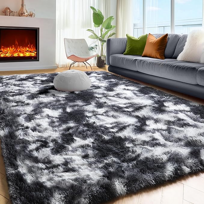 PAGISOFE Black White Grey Rugs for Living Room 5x8, Shag Fuzzy Fluffy - Image 3
