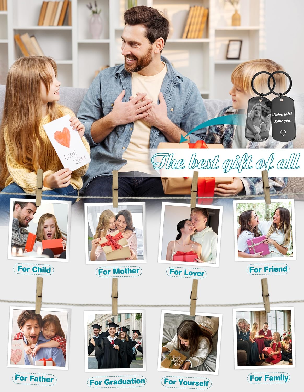 Custom Keychain with Picture - Personalized Keychains with Photo Text Customized Engraved Gifts for Dad