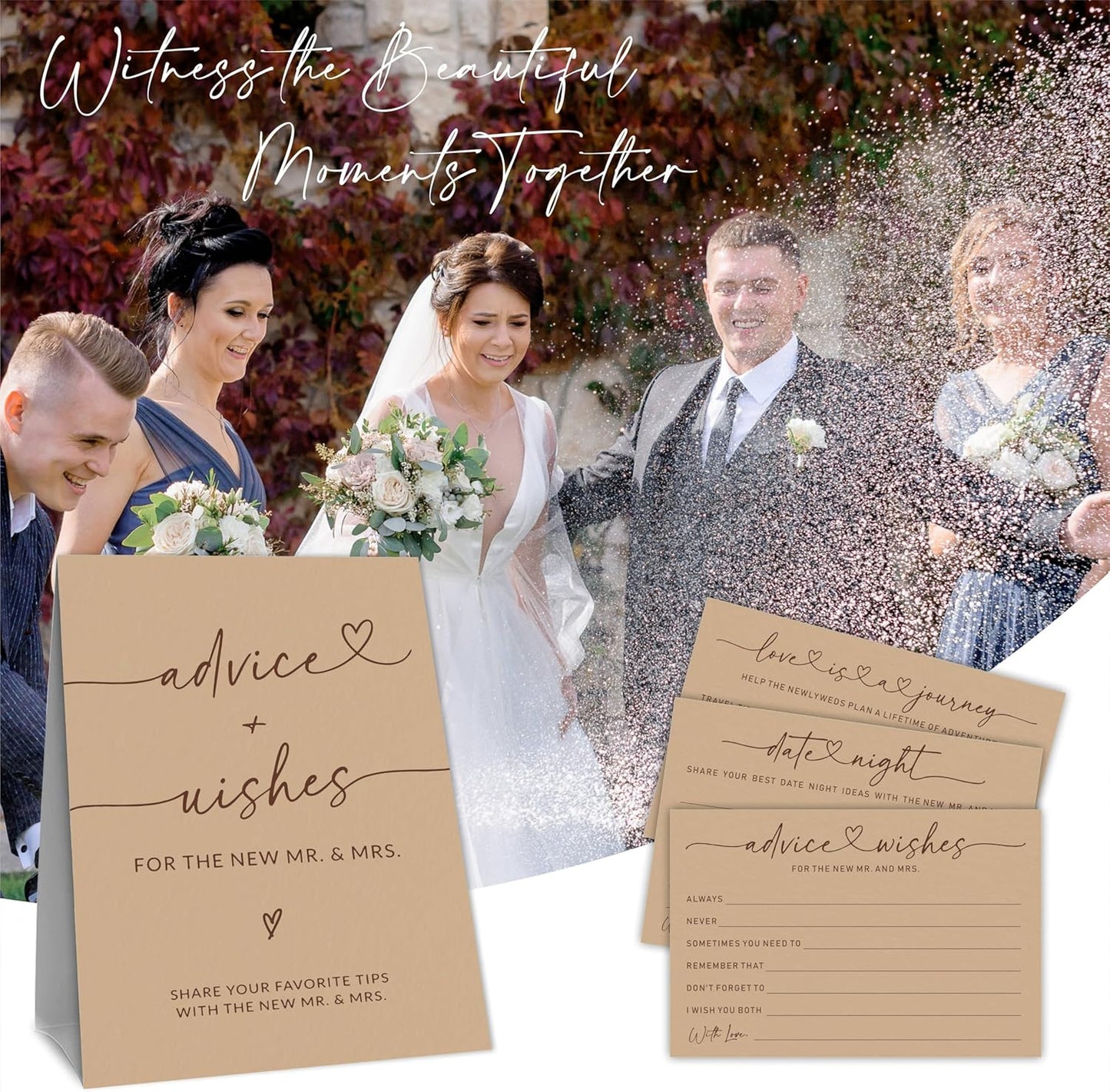Wedding Advice Cards - Wishes For The New Mr & Mrs Wedding Advice Sign -A Standing Sign With 3 Types Of 4 x 6 Advice Cards -Bride and Groom Newlyweds Bridal Shower Decoration,Games(Brown) - C03