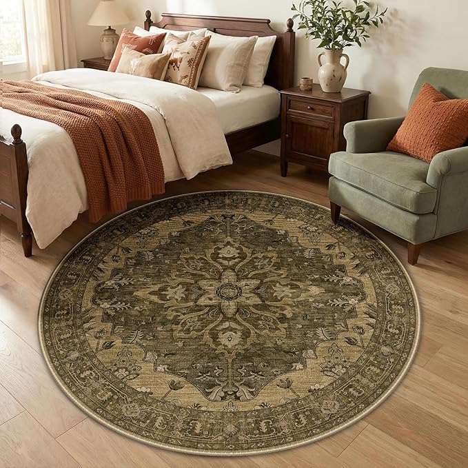 RELEANY Area Rugs Round 5ft Washable Non-Slip, Floral Vintage Distress Print by RELEANY