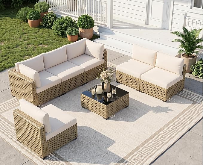 LOUVIXA 7 Piece Outdoor Patio Furniture Set, Outdoor Sectional Sofa, Wicker by LOUVIXA
