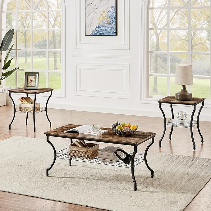 VECELO 3 Pieces Living Room Table Sets, Coffee and End Tables by VECELO