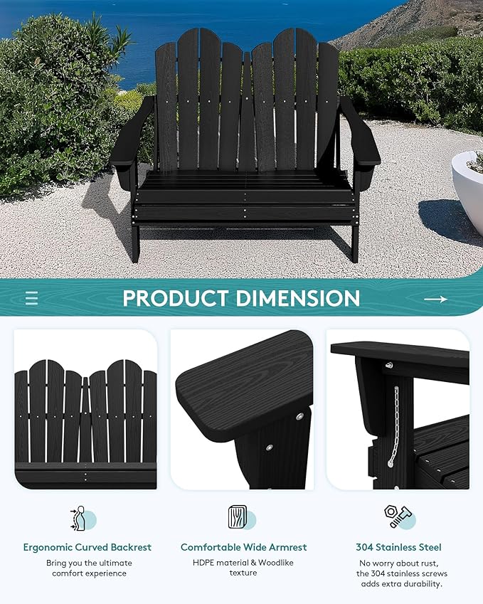 SERWALL 3 Pieces Patio Adirondack Bench Set, 2 Folding Adirondack Bench & 1 - Image 7