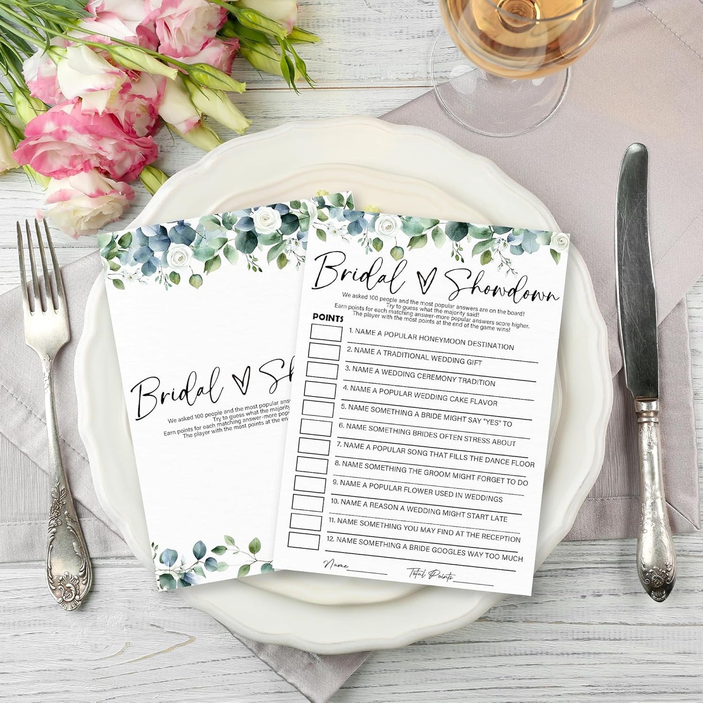 Bridal Showdown - Botanical Bridal Shower Game Cards - 50 Pcs Eucalyptus Leaves Game Cards - Funny Wedding Party Games for Bride & Groom - Activities for Bachelorette Party - A05