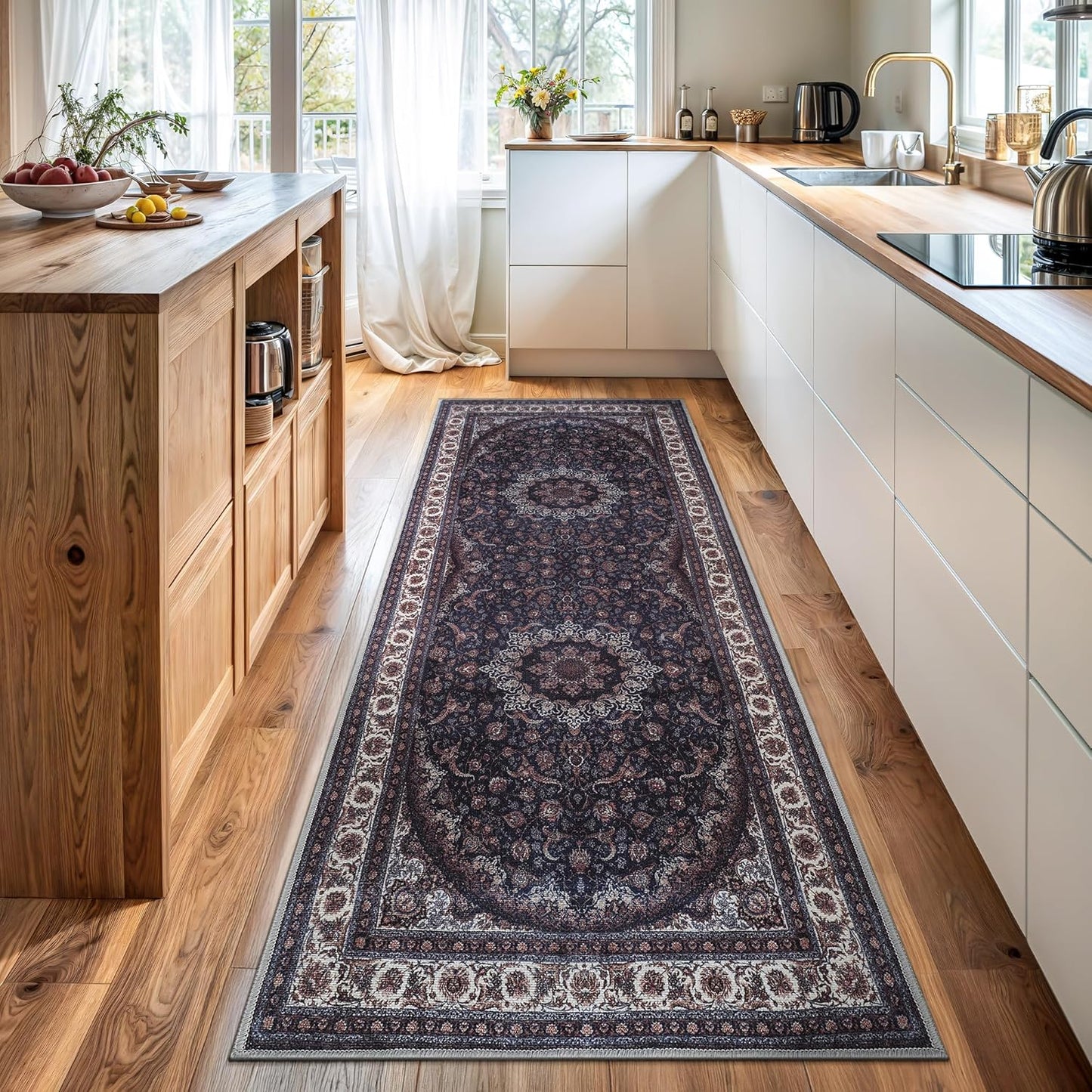 Bloom Rugs Washable Non-Slip 10 ft Runner - Navy Traditional Medallion Runner for Entryway, Hallway, Bathroom, and Kitchen - Exact Size: 2.5' x 10'