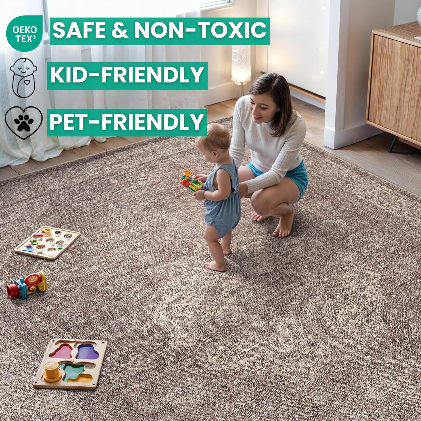 Bloom Rugs Washable Non-Slip 5' x 7' Rug - Taupe/Beige Traditional Medallion Area Rug for Living Room, Bedroom, Dining Room, and Kitchen - Exact Size: 5' x 7'