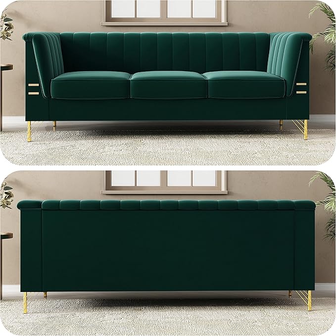 83.46" W Green Velvet Sofa Couch - Image 5