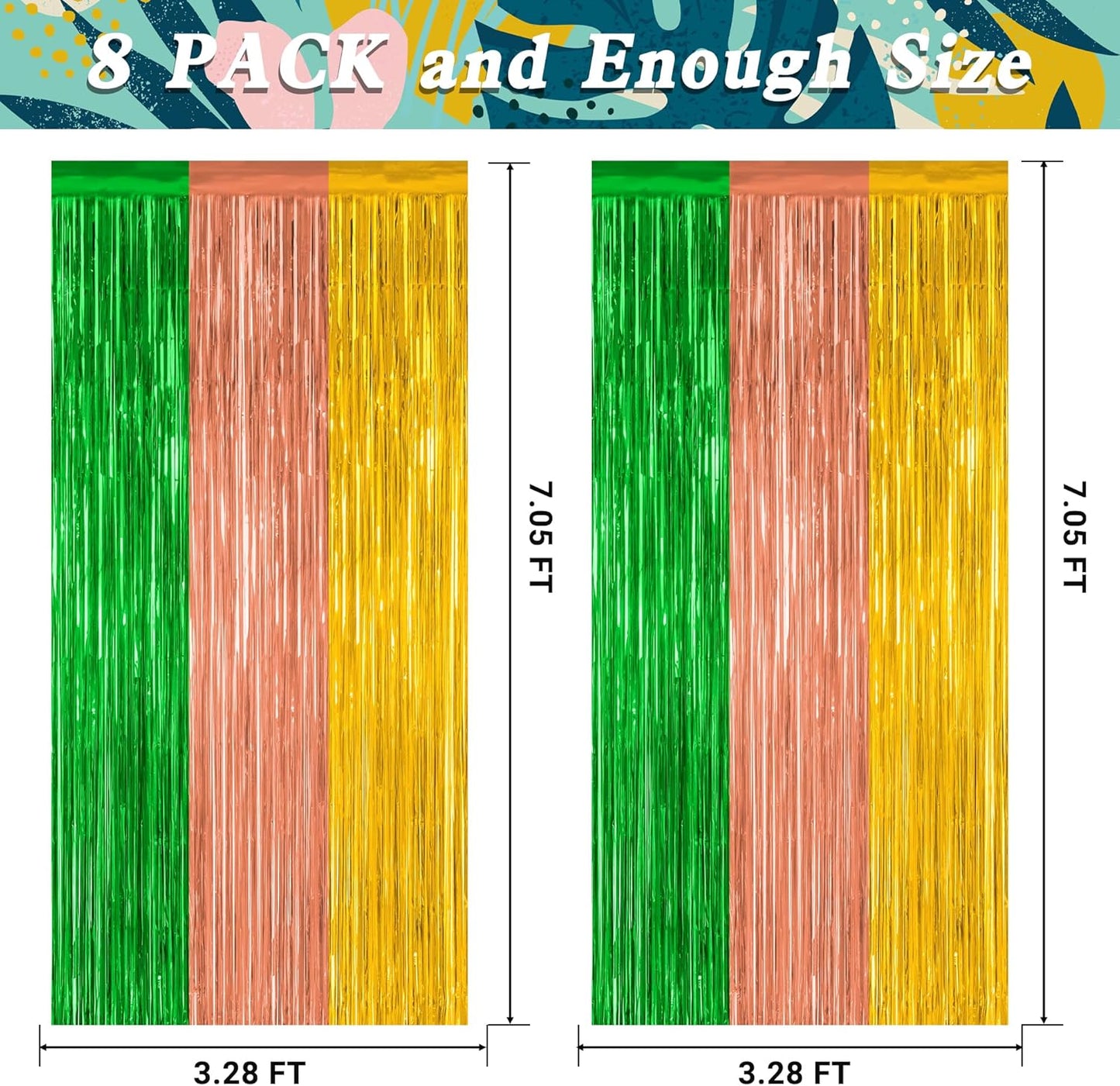 12 Pack Hawaiian Party Decorations, 3.28 FT x 7.05 FT Luau Party Decorations, Green Brown Yellow Backdrop Fringe Curtains Foil Streamer, Metallic Summer Decor Photo Booth Props