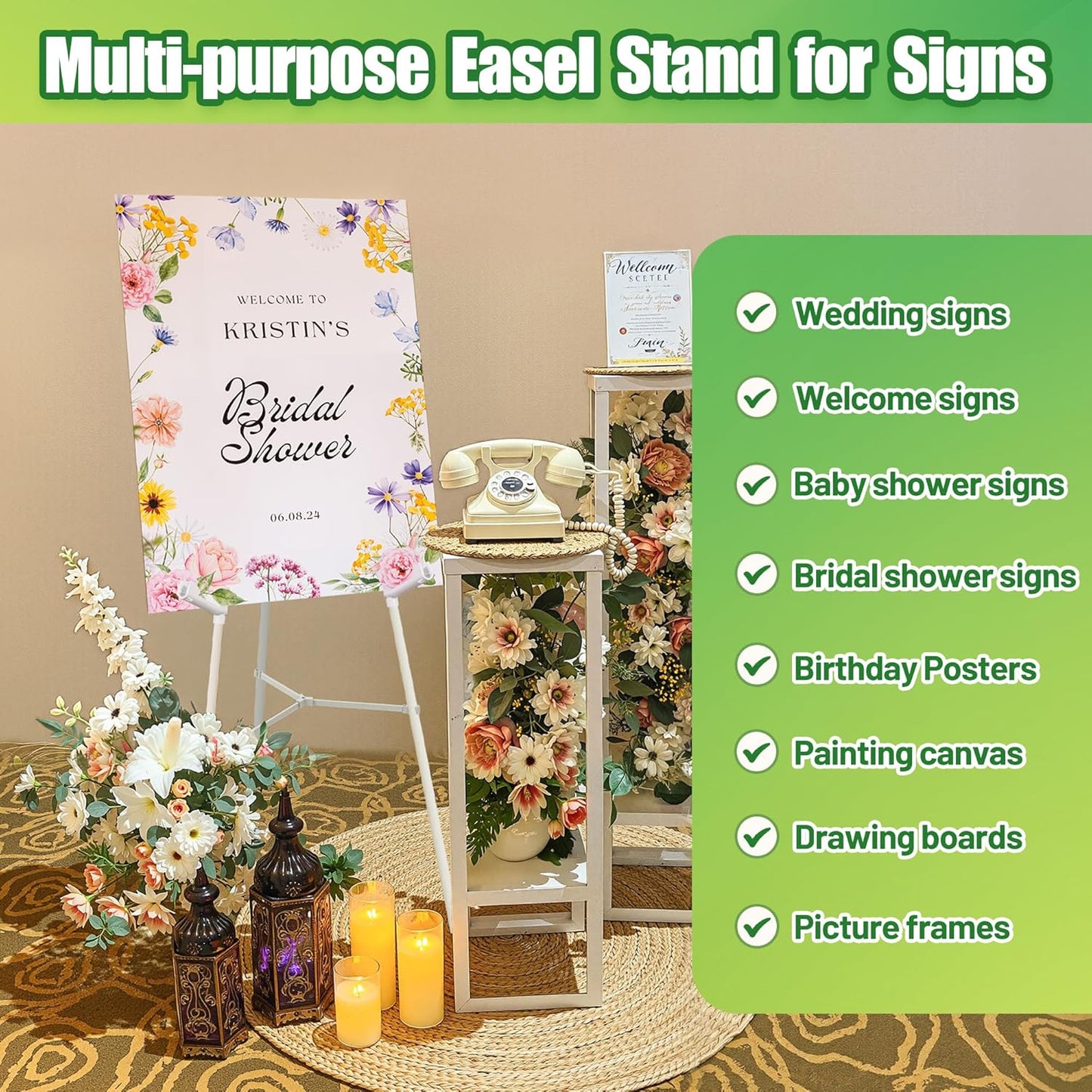 2 Pack White Easel Stand for Sign - 63" Adjustable Folding Floor Easels for Wedding Sign, Welcome Sign, Poster, Picture, Painting - Lightweight Portable Display Easels with Bags, Holds 5 lbs
