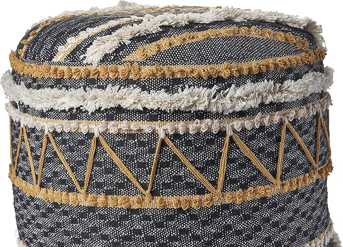 LR Home Black/Tan Coastal Striped Hand-Woven Cotton Ottoman Pouf - Image 2