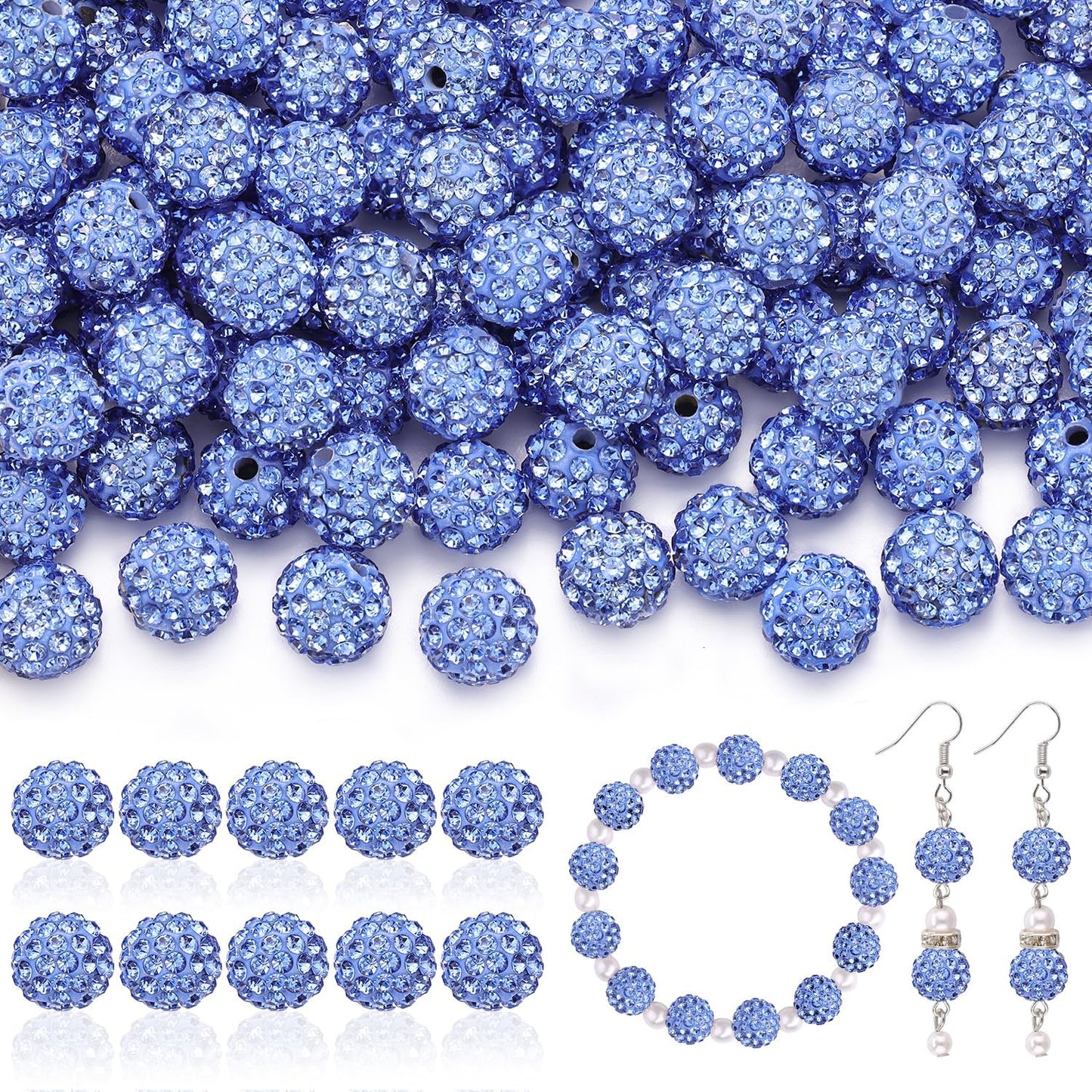200pcs 10mm Rhinestone Beads for Jewelry Making, Light Blue Shiny Round Disco Ball Beads Bulk, Sparkle Crystal Clay Christmas for Bracelet Baseball Necklace Earring Crafting and DIY