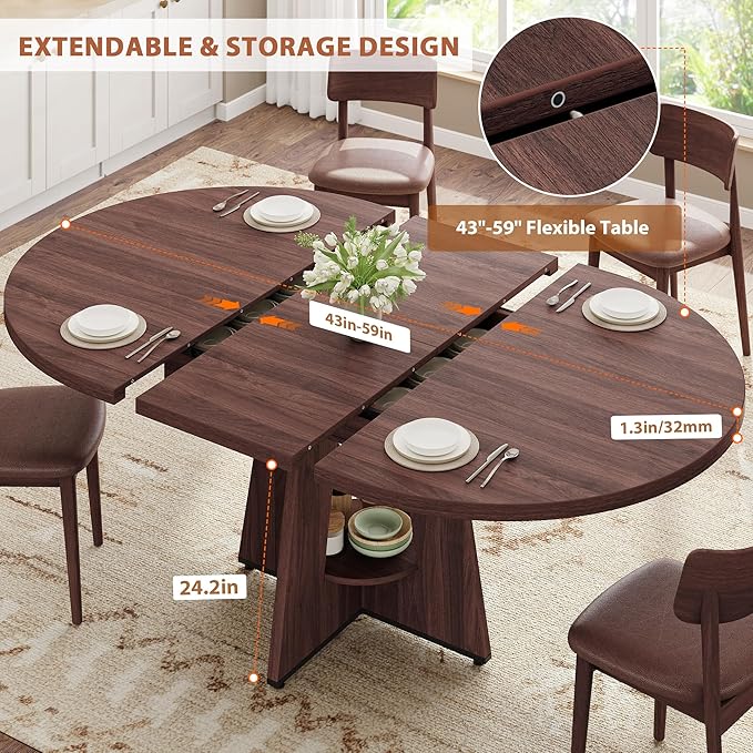 43''–59'' Extendable Dining Table, Round Kitchen Dining Room Dinner Table - Image 4