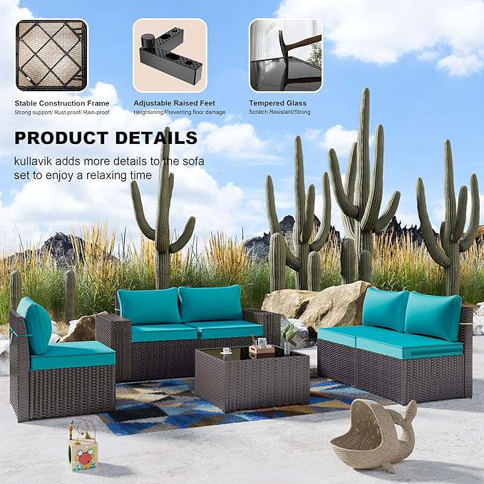 Kullavik Outdoor Patio Furniture Set 6 Pieces Sectional Rattan Sofa Set Brown - Image 4