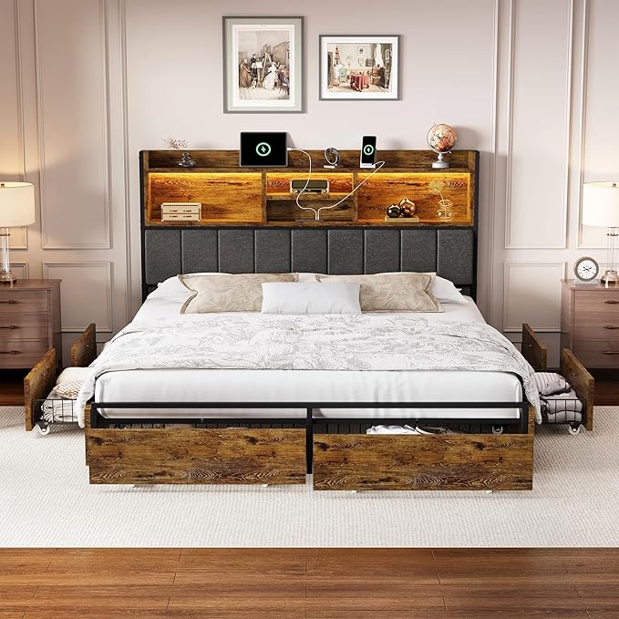 LARMACE Queen Bed Frame with 6 Storage Drawers, Bed Frame Queen Size with Linen - Image 9