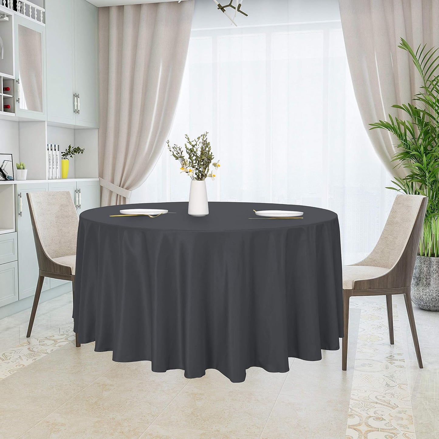 sancua Round Tablecloth - 108 Inch - Water Resistant Spill Proof Washable Polyester Table Cloth Decorative Fabric Table Cover for Dining Tables, Buffet Parties and Camping, Grey