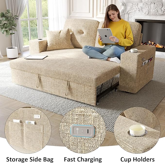 63 Inch Sleeper Sofa Bed, 3 in 1 Pull Out Couch Bed - Image 5
