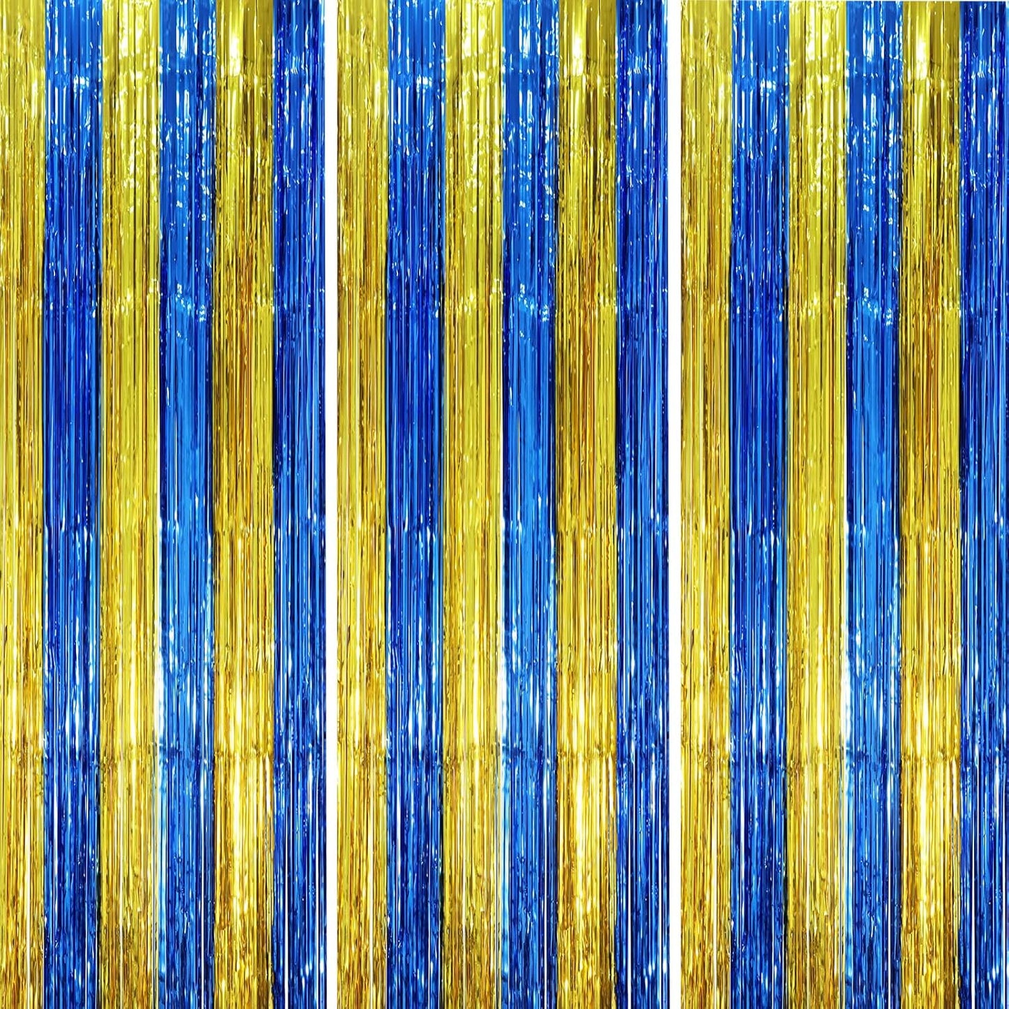 3 Pack 3.3 x 8.2 ft Blue Gold Foil Fringe Backdrop Curtains, Tinsel Streamers Party Decorations, Fringe Backdrop, Door Shimmer for Father's Day Graduation or Birthday Party
