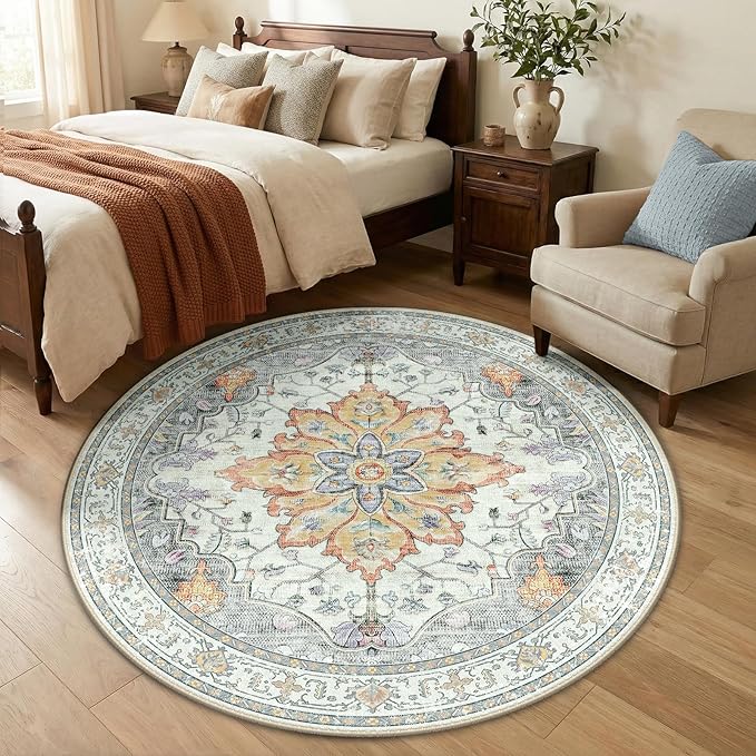 RELEANY Area Rugs Round 5ft Washable Non-Slip, Floral Vintage Distress Print by RELEANY
