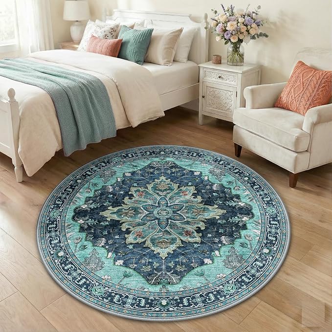 RELEANY Area Rugs Round 4ft Washable Non-Slip, Floral Vintage Distress Print - Image 3